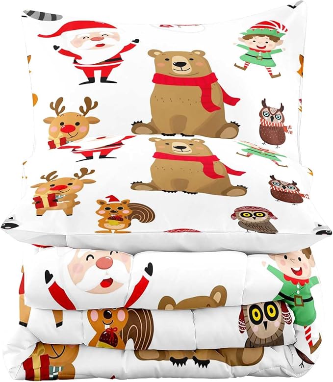 LUVIVIHOME 2PCS Merry Christmas Comforter Set Twin Size, Boys Girls Kids Bedding, White Quilt, Funny Cute Cartoon Santa Claus Elf Owl Elk Reindeer Squirrel Xmas Christmas Bedroom Decor, 1 Pillow Sham