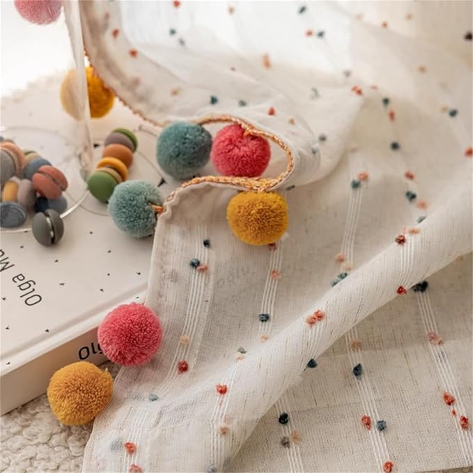 Boho Rainbow Sheer Curtain with Colorful Pom Pom Voile Drapes Light Filtering Faux Linen Stripe Pompom Rod Pocket Window Drapes for Boys/Girls Bedroom/Nursery 2 Panels (W78 X L102 Inch-2PCS,White)