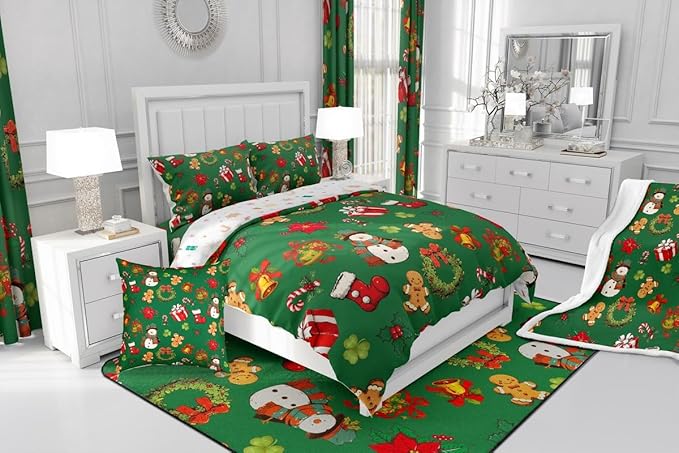 jejeloiu Merry Christmas Comforter Set Twin Size Cute Snowman Bedding Set for Kids Boys Girls Gingerbread Man Duvet Quilt Green Bedroom Decor