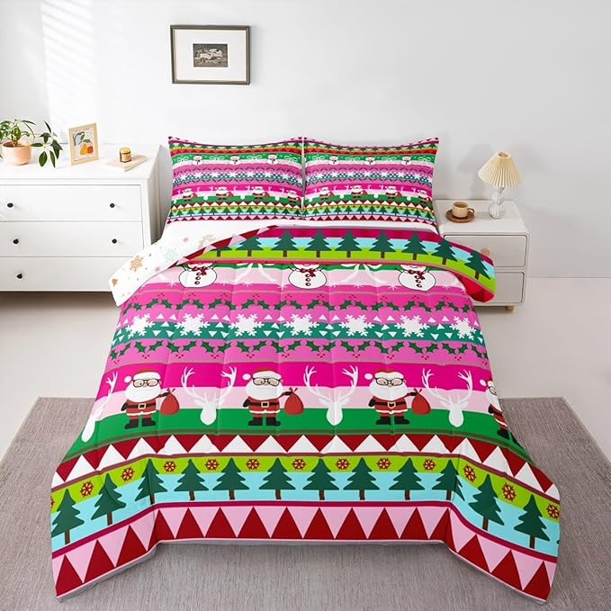 Feelyou Merry Christmas Tree Kids Comforter Set Toddler Size Cute Snowman Bedding Set Santa Claus Duvet Quilt for Kids Boys Girls Bedroom Cartoon Bowknot Decor Microfiber Ultra Soft Breathable