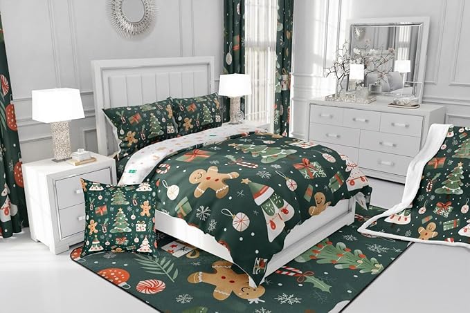 Feelyou Christmas Comforter Set Queen Size Xmas Tree Bedding Set for Kids Boys Girls Gingerbread Man Duvet Quilt New Year Gift Bedroom Decor Microfiber 3 Pcs with 2 Pillow Cases