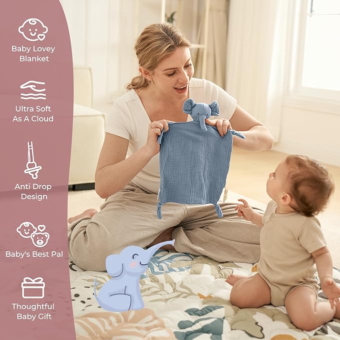 Momcozy Elephant Loveys for Babies with Cotton - Soft Security Blanket for Boy or Girl for Self-Soothing On-The-Go-Portable & Anti-Drop Design - Newborn Gift，Must Have（Blue 14 inch）