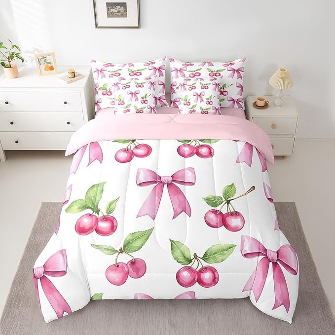 7 Pieces Pink Bowknot Kids Comforter Full,Cherry Tropical Fruit Bow Patchwork Bedding Set,Bow Tie Butterfly Knot Princess Dreamy（Comforter+Fitted+Flat Sheet+2 Pillowcases+2 Throw Pillow Covers）