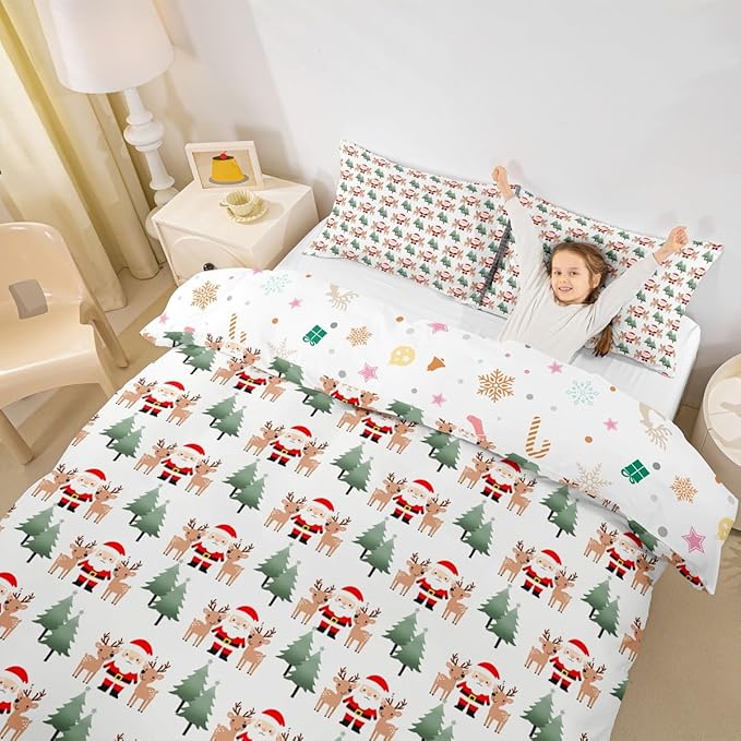 Feelyou Christmas Duvet Cover Cartoon Santa Claus Bedding Set for Kids Boys Girls Teens Room Decor Cute Deer Christmas Tree Comforter Cover Set Xmas Theme Bedspread Cover 2Pcs Zipper Twin Size