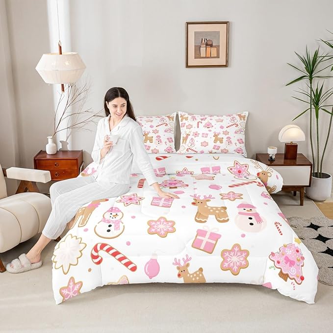 Feelyou Pink Christmas Comforter Set King Size Snowman Deer Bedding Set for Kids Boys Girls Snowflake Duvet Quilt Bedroom Decor Microfiber 3 Pcs with 2 Pillow Cases