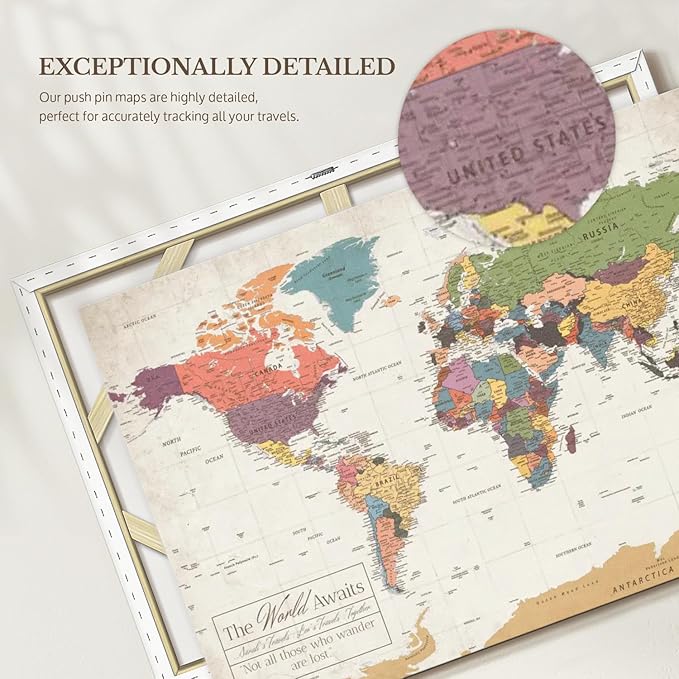 ElephantStock - Personalized World Awaits II Push Pin World Map Wall Art - Horizontal Canvas Wall Art - Living Room Wall Decor - Digital Art Map Canvas Art - Green And Beige Decor - 48" x 32"