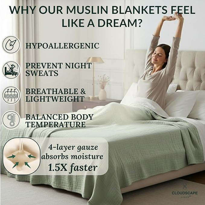 Cloud Scape Linen Oversized 4 Layer Muslin Blanket Twin Size - 100% Cotton, Lightweight & Breathable All Season Gauze, Pre-Washed, for Bed, Couch, fits Twin XL Bed,68x92, Sage Green