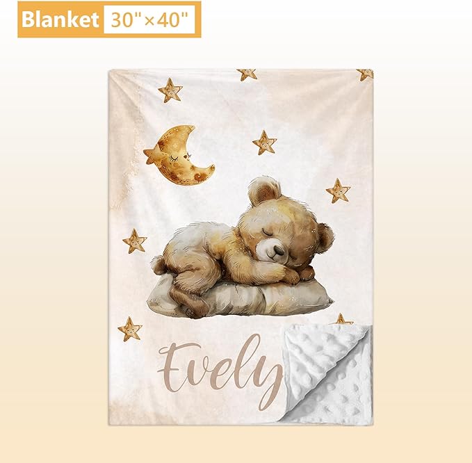 Personalized Baby Bedding Set, 5 Pcs Custom Baby Crib Sets with Name, Bear Toddler Bedding Set for Baby Boys Girls, Double Layer Nursery Flannel Bedding Set, Customized Gifts for Infants Kids
