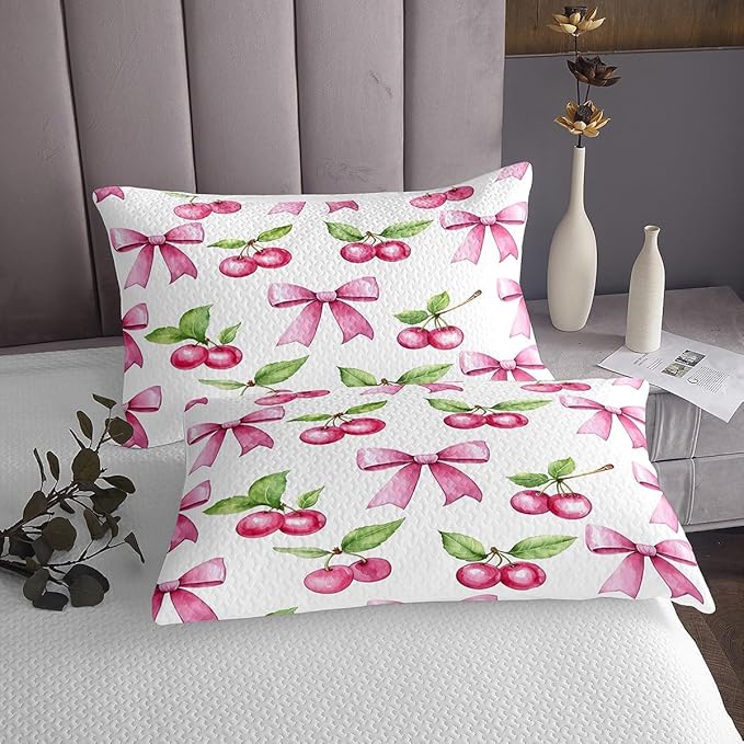Pink Bowknot Kids Bedspread Queen Size,Cherry Tropical Fruit Bow Patchwork Coverlet Set,Girls Women Room Decor,Bow Tie Butterfly Knot Princess Quilted Coverlet,Dreamy Bedding Quilt,2 Pillowcases