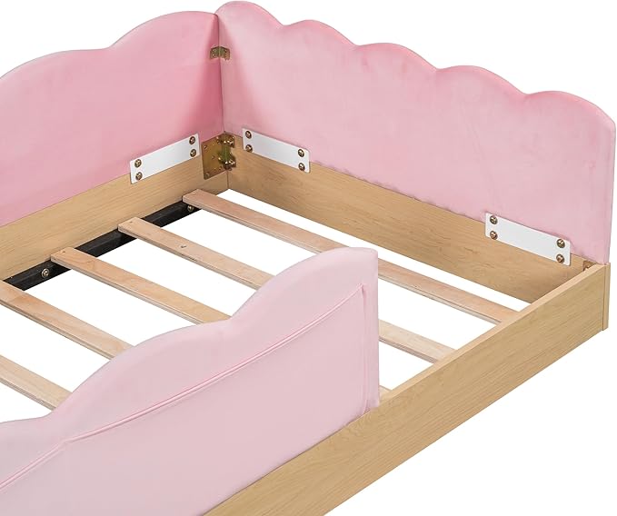 Lovely Twin Size Upholstered Platform Bed with 2 Soft Pillows and Storage Bags, Princess Bed Frame with Cute Rabbit Ear Shaped Headboard and Guardrails for Bedroom, No Box Spring Required (Pink-X52)
