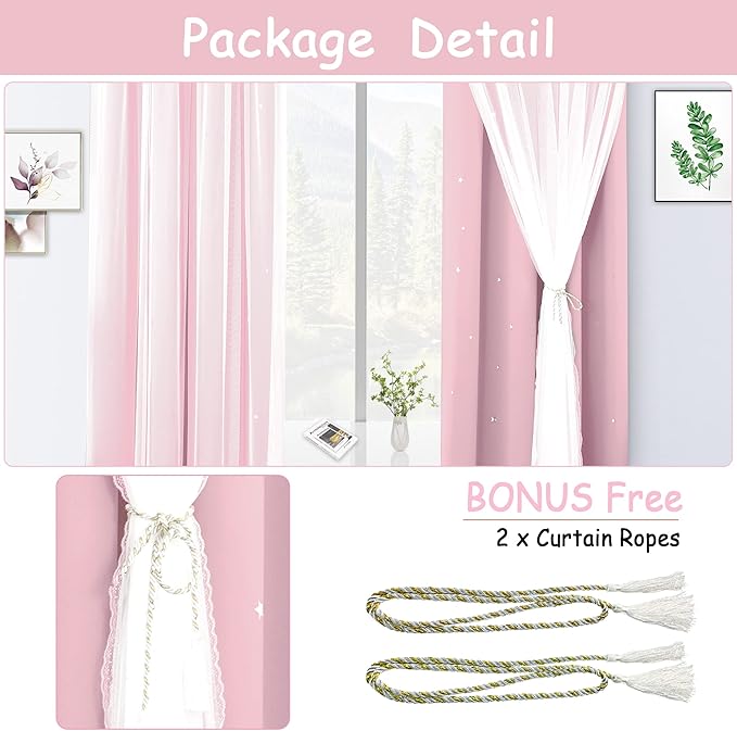 Kinryb Princess Curtains for Girls Bedroom with Sheer Overlay,Double Layer Curtain for Living Room with Star Cutout, Curtains for Kids Room (52 W*45 L Inches,2 Pcs Pink)