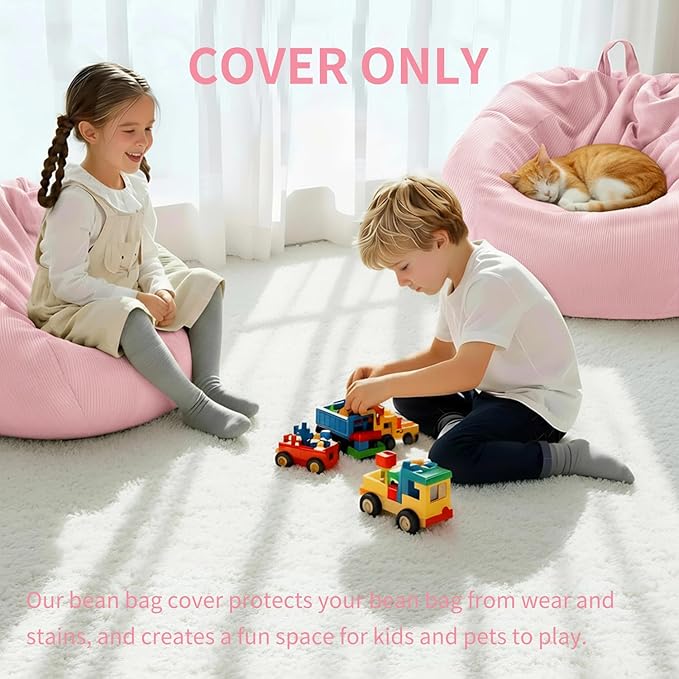 Nobildonna 3 ft Bean Bag Chair Cover (No Filler) 35"×43" Large Stuffed Animal Storage Bean Bag Washable Big Beanbag Chair Cover Premium Corduroy Stuffable Bean Bag Cover for Adults,Kids,Pink 300L