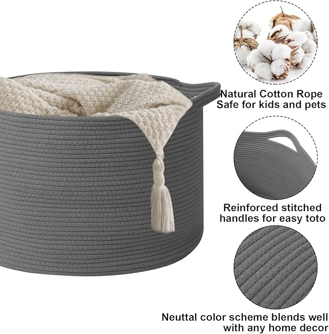 Large Blanket Basket for Organizing,65L Closet Organizers and Storage Bins Box for Shelves Woven Rope Storage Baskets,Living Room,Bedroom,Dorm,Laundry room (Dark Grey)