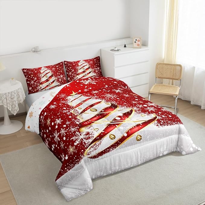 Feelyou Merry Christmas Comforter Set Toddler Size Christmas Tree Bedding Set for Kids Boys Girls Snowflake Duvet Quilt Winter Bedroom Decor Microfiber 2 Pcs with 1 Pillow Cases