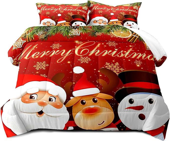 LUVIVIHOME 3PCS Merry Christmas Comforter Set Full Size, Reindeer Snowman Santa Claus Bedding, Holiday New Year Cute Christmas Bedroom Decor for Kids Boys Girls Teens, Xmas Gifts, 2 Pillow Cases