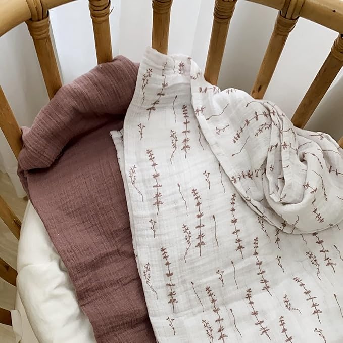 Ely's & Co. Muslin Swaddle Blanket 2-Pack — 100% Cotton Muslin Extra-Large Swaddle Blankets (47” x 47”) Solid + Printed (Delicate Leaves + Solid Lavender)