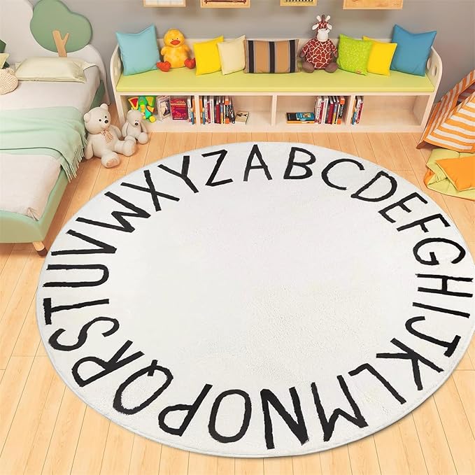 Round Alphabet Rug,8ft ABC Rugs for Kids Playroom,Boho Classroom Rug for Living Room, Bedroom, Machine Washable Soft Non Slip Non Shedding-White