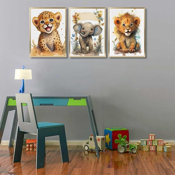 3Pcs Baby Safari Animal Wall Art Jungle Watercolor Animal Wall Decor Picture Painting Nursery Poster Prints Artwork for Boy Girl Room Home Decoration Unframed 12x16 In
