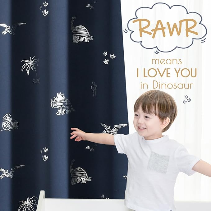 Vangao Kids Curtains Navy Blue Blackout Dinosaur Curtains for Boys Kids Nursery Girls Room Silver Dino Foil Print Thermal Insulated Drapes Grommet Top Window Treatments 63 Inches Length 2 Panels
