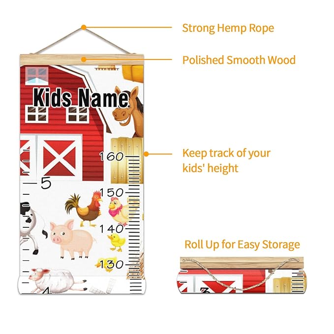 Personalized Kids Name Growth Chart Ruler for Wall Wood Frame Height Measure Chart 13.4x56 in Linen Hanging Height Growth Chart Farm Animals Horse Red Barn Kids Room Decor