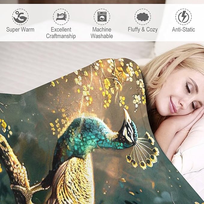 Peacock Blanket Gold Peacock Gifts for Girls Boys Woman Kids Lover Throw Blankets Soft Blanket Warm Fleece Flannel Plush Blankets for Bed Sofa Couch 60"x80"