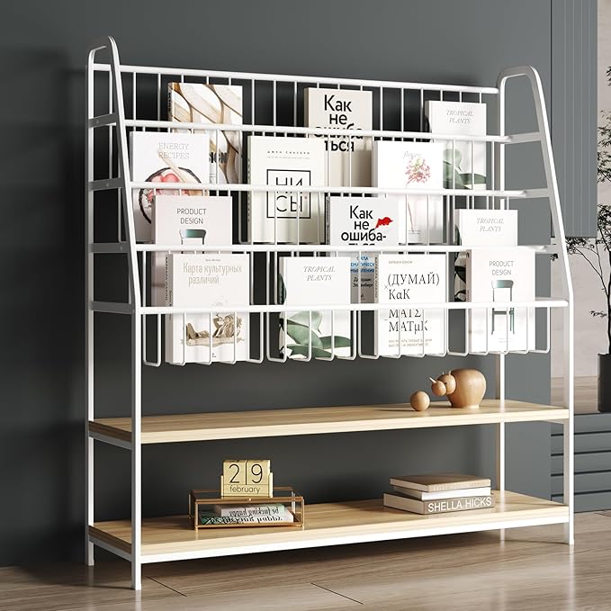 Metal Kids Bookshelf and Toy Storage Organizer,6 Tier Childrens Bookcase,Magazine Rack Floor,Book Shelf for Kids Rooms Classroom Nursery Living Room Office (White, L:39.4")