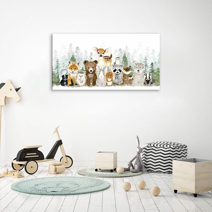 Woodland Animal Nursery Wall Art Watercolor Forest Baby Animal Nursery Wall Decor Printing Framed Fox Bear Deer Watercolor Poster Paintings Pictures for Boys Room Girls Room Home Decoration 8x16in