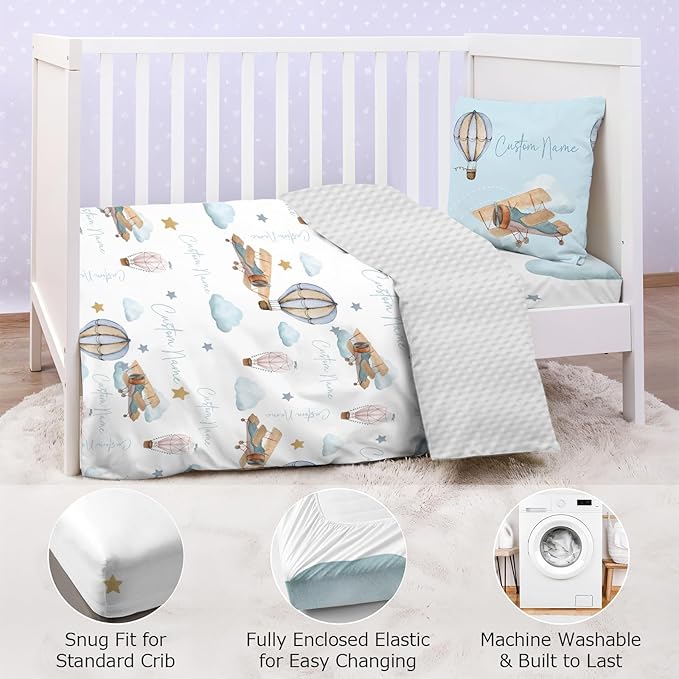 Personalized Baby Crib Bedding Set,3 Piece Custom Name Nursery Set with Blanket, Fitted Sheet & Pillowcase for Baby Girls & Boys, Sky Adventuren Theme(Fixed Size)