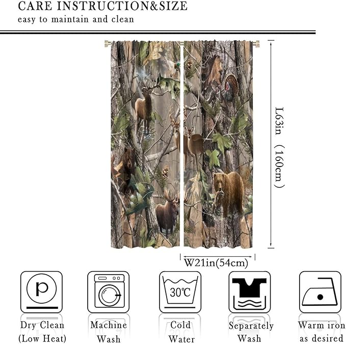 Retro Forest Window Curtains, Camouflage Hunting Tree Camo Rustic Deer Elk Bird Bear Blackout Rod Pocket Windows Door Curtain for Bedroom Living Room Home Decor 42x63in