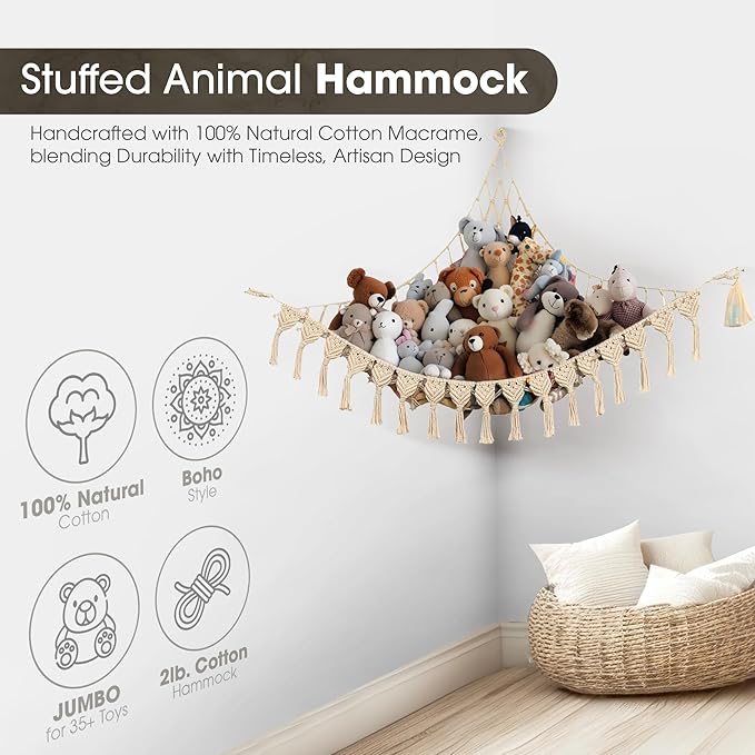Extra Large Stuffed Animal Storage Hammock Corner with LED Lights – 25LB Capacity Hanging Toy Net for Small or Large Plushies, Boho Macrame Squishmallow, Plush Net, Pink
