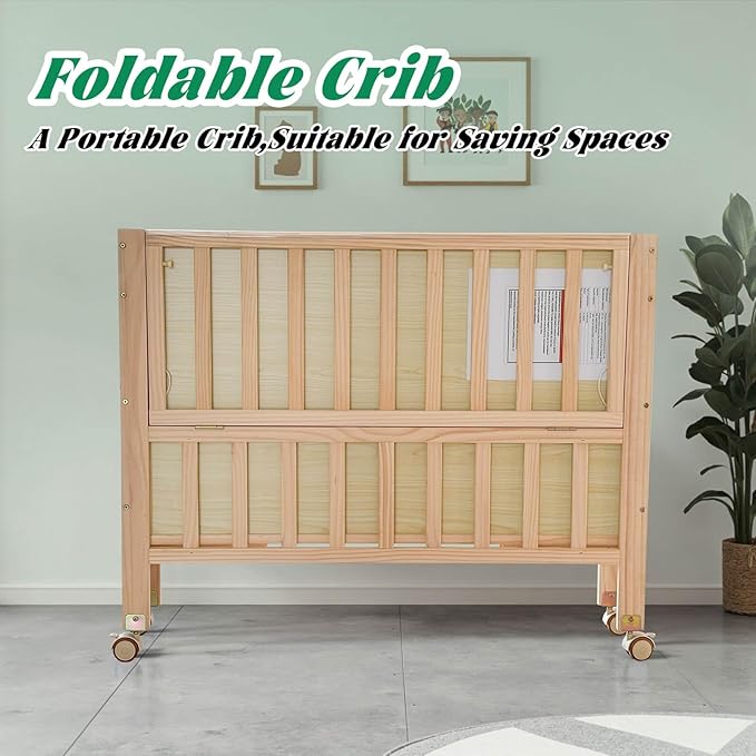 Foldable Mini Baby Crib - Portable 4-in-1 Convertible Baby Cribs,Pine Wood Bedside Bassinet,3 Heights Bassinet Bedside Sleeper with A Sponge Mattress,Wheeled,Unpainted