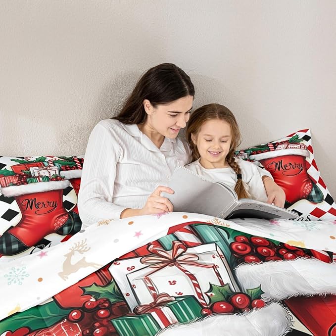 Feelyou Merry Christmas Comforter Set Full Size Cartoon Shoes Bedding Set for Kids Boys Girls Duvet Quilt Winter Bedroom Decor Microfiber 3 Pcs with 2 Pillow Cases