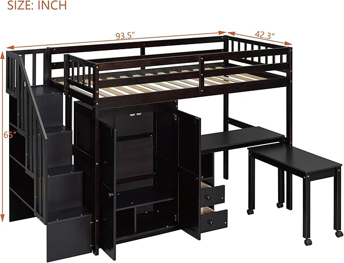Merax Kids Twin Multifunction Loft Bed with Desk/Wardrobe, Wood Storage Loft Bed with Staircase, Bookshelf & Drawers, No Box Spring Needed, Space Saving, Espresso
