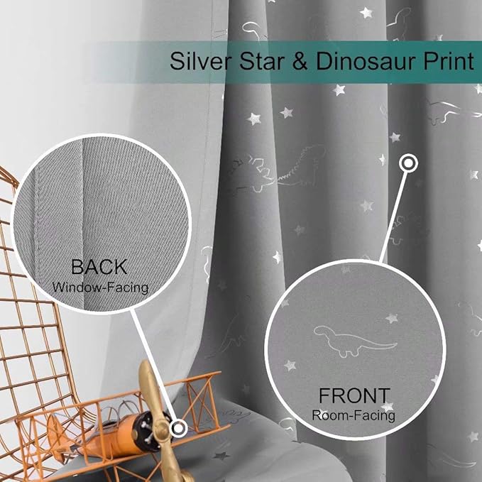 LORDTEX Dinosaur and Star Foil Print Blackout Curtains for Kids Room - Thermal Insulated Curtains Noise Reducing Window Drapes for Boys and Girls Bedroom, 52 x 63 Inch, Light Grey, Set of 2 Panels