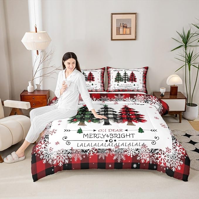 Christmas Comforter Set Twin Size, Red Plaid Xmas Trees Bedding Set 2pcs , Winter Snowflake New Year Reversible Down Comforter for All Season, Kids Boys Girls Room Decor, 1 Pillowcase, No Sheets