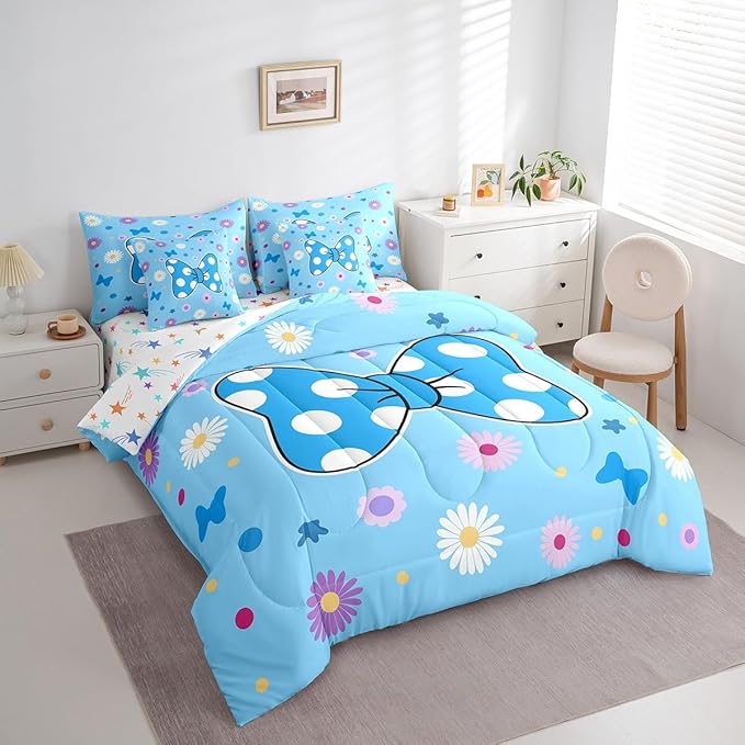 7 Pieces Blue Bowknot Kids Comforter Set Twin,Daisy Flowers Geometric Dot Patchwork Bedding Set,Star Bow Tie Princess Cute Dreamy（Comforter+Fitted+Flat Sheet+2 Pillowcases+2 Throw Pillow Covers）