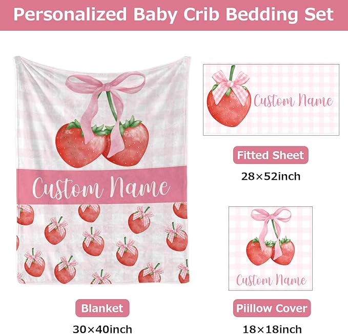 Personalized Baby Crib Bedding Set,3 Piece Custom Name Nursery Set with Blanket, Fitted Sheet & Pillowcase for Baby Girls & Boys, Strawberry Bow Theme(Fixed Size)