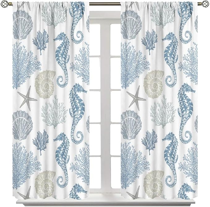 Seahorse Coral Curtains,Starfish Seashell Beach Sea Starfish Seashell Theme Pattern Blackout Print Home Bedroom Living Room Window Treatmen 2 Panel Set 42x54 Inch