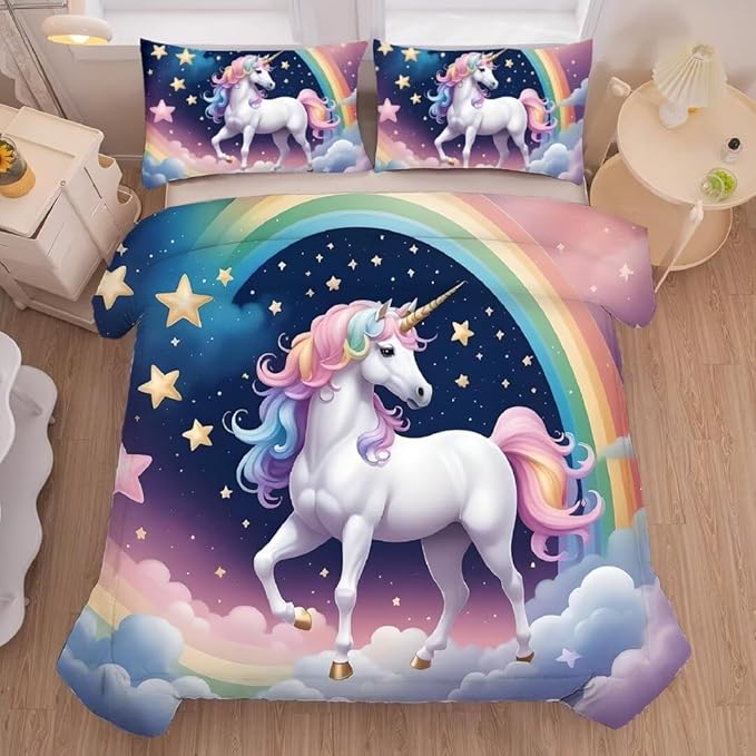 kxry Unicorn Galaxy Comforter Sets Queen Size Cartoon Blue Sky Rainbow Bedding Set Star Cloud Bedding Quilt for Kids Teens Girls 1 Comforter+ 2 Pillowcases