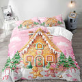 LUVIVIHOME 3PCS Pink Gingerbread House Duvet Cover King Bedding Set, Teen Girl Bedding, Gingerbread Man Snowman Christmas Tree Candy Cane Winter Holiday Kids Christmas Comforter Cover, 2 Pillow Cases