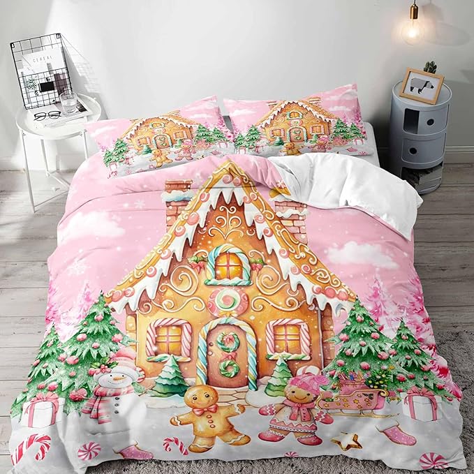LUVIVIHOME 2PCS Pink Gingerbread House Duvet Cover Twin Bedding Sets, Teen Girl Bedding, Gingerbread Man Snowman Christmas Tree Candy Cane Winter Holiday Kids Christmas Comforter Cover, 1 Pillow Case