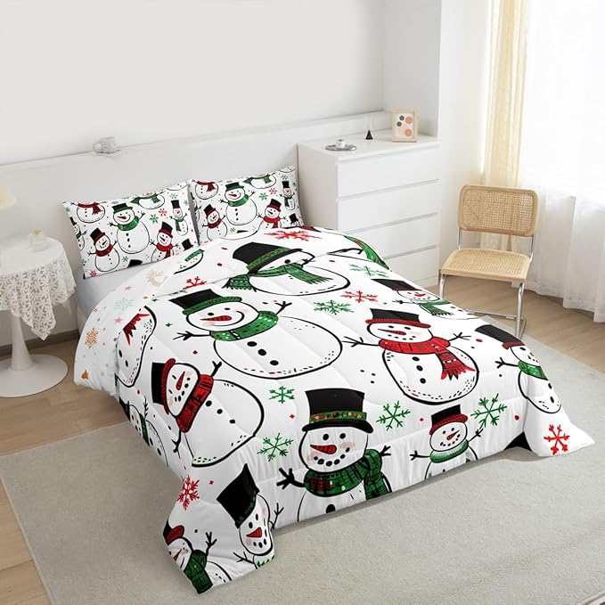 Feelyou Christmas Comforter Set All Season Snowman Bedding Set with 2 Pillow Cases Snowflake Microfiber Kids Queen Bedclothes Bedroom Decor Duvet Quilt Breathable Soft Lightweight