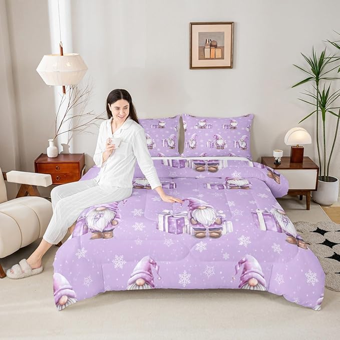 Feelyou Purple Christmas Kids Comforter Set Queen Size Scandinavian Christmas Santa Gnomes Bedding Set Xmas Snowflake Duvet Quilt for Kids Boys Girls Bedroom Decor Ultra Soft Breathable