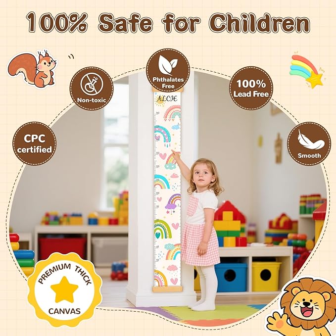 Personalized Name Kid Growth Chart for Wall, Flower Canvas Growth Chart Removable, Waterproof Height Chart for Kids Boys Girls Toddler, Playroom Wall Decor Height Measurement for Wall