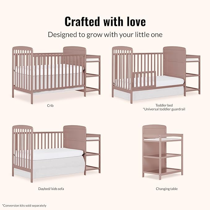 Dream On Me Anna 4 in 1 Full Size Crib and Changing Table Combo in Brown Sugar, Greenguard & JPMA Certified, Converts from Baby Crib to Toddler Bed and Day Bed