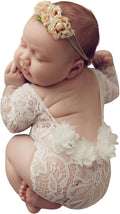 Newborn Lace Romper, 2 PCS Baby Girl Photography Props, Newborn Girl Photography Outfits with Flower Headband for Infants