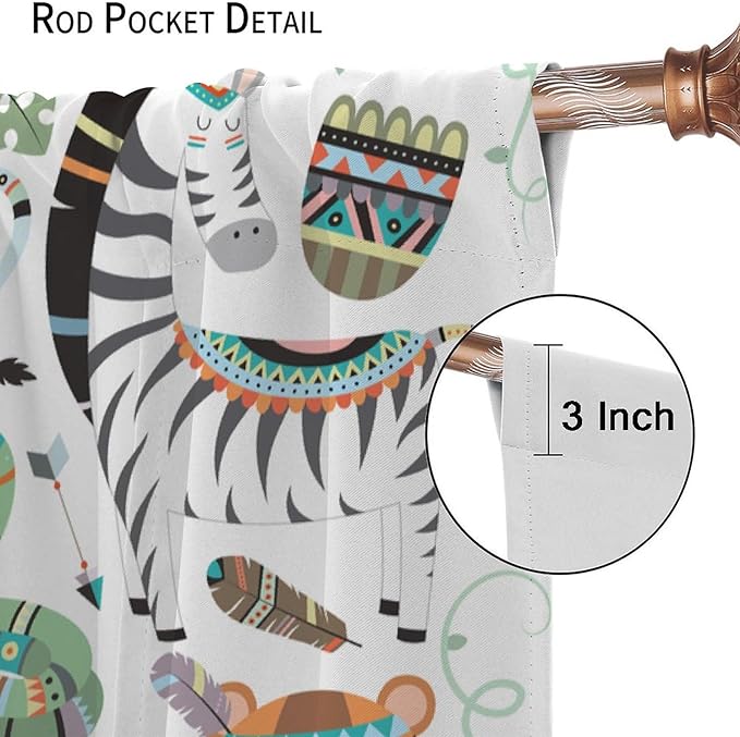 Jungle Tribal Animals Curtains, Southwest Aztec Cartoon Funny Zoo Animals Giraffe Lion Elephant Zebra Tiger Print Thermal Insulation Window Drapes for Kids Boys Girls Bedroom Living Room 84x84in