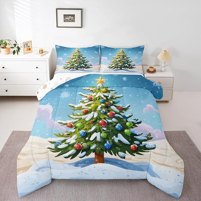 Feelyou Christmas Bedding Set Soft for Boys Girls, Xmas Tree Comforter Set Toddler Size Christmas Tree Ornaments Duvet Quilt Microfiber Winter Snowflake Bedroom Decor 2 Pcs with 1 Pillow Cases