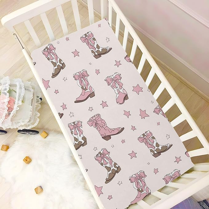 Crib Sheets for Boys Girl Coquette Bows Neutral Mini Crib Mattress Sheets Fitted, Cowgirl Boots Toddler Baby Sheets for Crib Mattress Soft & Breathable 39 * 27 * 5In