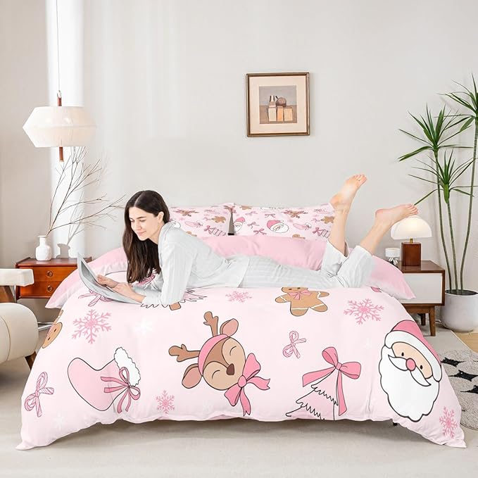 Kids Pink Christmas Bedding Set Toddler Size Merry Christmas Snowman Duvet Cover for Boys Girls Teens Bedroom Decor Santa Claus Comforter Cover Soft Microfiber Xmas Tree Deer With 1 Pillow Case